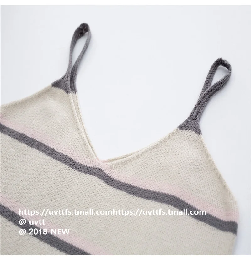 

Sweet Knit Striped Two Piece Set Women Autumn Thin Fashion Contrast Color Long Sleeve Knit Sweater Cardigan Strap Dress Suit