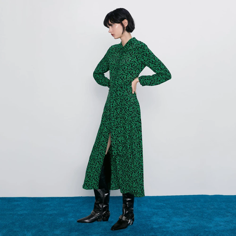 Женское длинное платье ZA зеленое ТРАПЕЦИЕВИДНОЕ ПЛАТЬЕ с воротником стойкой и