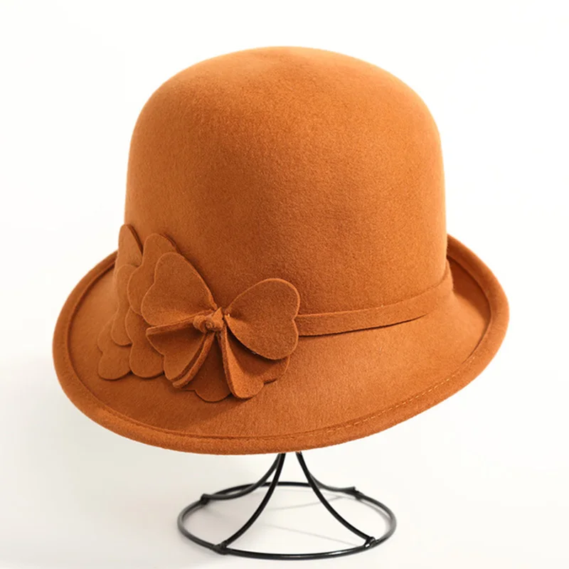 

Women Winter Hats Elegant Ladies Fedoras Retro Collapsible Soft Knit Wool Cloche Hat Bucket Flower