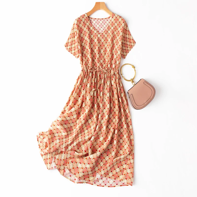 

SHUCHAN Prairie Chic French Dress Women Mid-Calf Long Dress for Summer Print SHORT Sleeve Pullover Elegant Korean