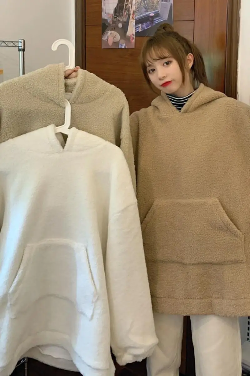 

Solid Color Plus Thick Velvet Hooded Sweater Female Loose Coat Hoodie