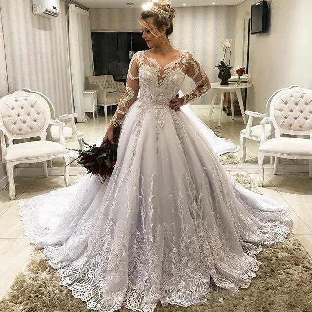 

Vintage Vestido De Noiva Lace Applique Ball Gown Wedding Dresses 2021 Court Train Scoop Long Sleeve Bridal gowns Vestidos Novia