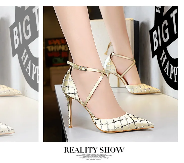

2021 fashion sexy women's high heel sandals thin heel high heel satin shallow mouth pointed rhinestone cross belt women sandals