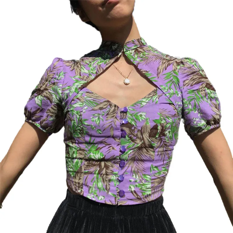 

Fashion Hollow Out Printed Pastoral Blouse Slim Women's Short T-shirts Girly Tender Casual Versatile Corset Vintage Streetwear