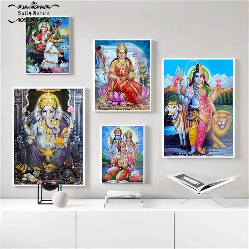 Индийская религия плакаты Shri Lakshmi Devi Saraswati Ganesh холст картины Будда настенные
