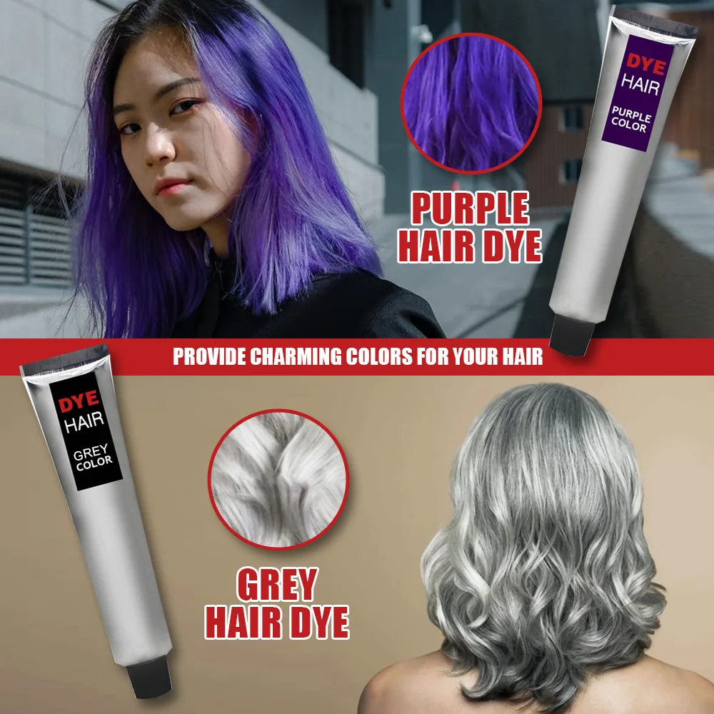 Permanent Gray Purple Hair Dye Cream Punk Style Nature Light Grey Silver Nourishing Hair Dye Color Cream Cosmetic Hair Care 100M