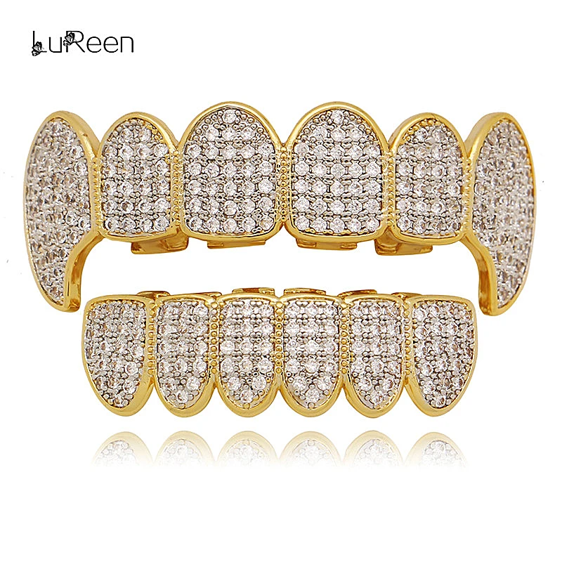 

LuReen Hip Hop Cubic Zircon Gold Teeth Grillz Iced Out Vampire Fang Top Bottom Grills Tooth Caps Rapper Body Jewelry for Party