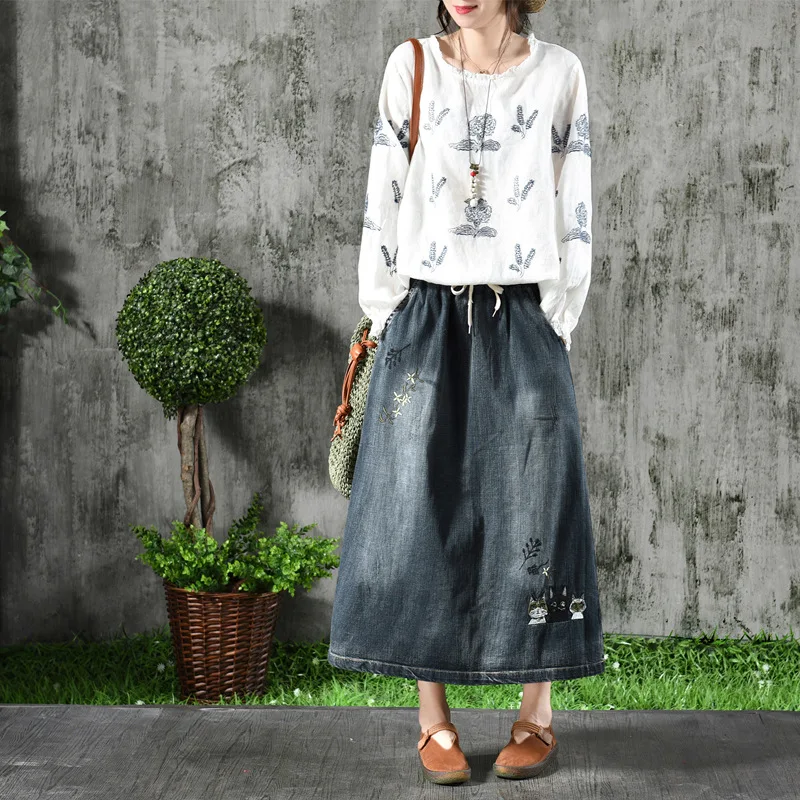 Юбка женская джинсовая в винтажном стиле длинная Милая юбка оверсайз из денима с