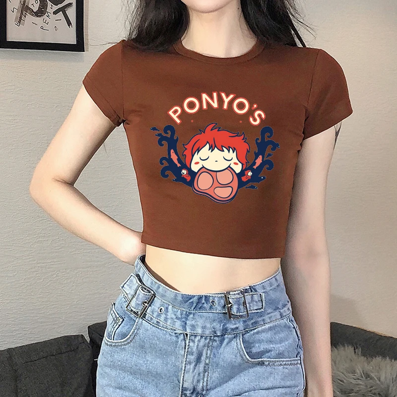 Летние футболки с коротким рукавом Kawaii Ponyo мультяшным принтом Harajuku коричневый