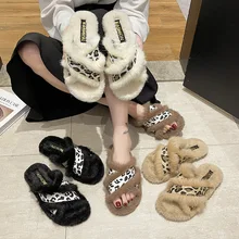 New Winter Women's Shoes Comfortable Female Flat Shoes Cross Fluffy Slippers Fashion Leopard Shoes Platform Women Warm Slippers (2)