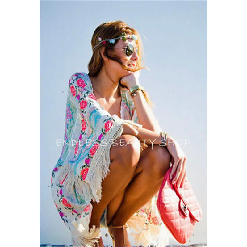 New Arrivals Beach Caftan Swimsuit Tassels Cover up Print Chiffon Pareo Women Robe Plage Swimwear Dress Sexy Sarong Tunics | Женская
