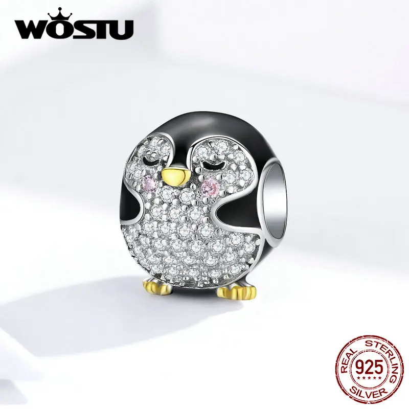 WOSTU серебро 925 пробы Chubby Penguin бусины циркон Черные Подвески подходит для