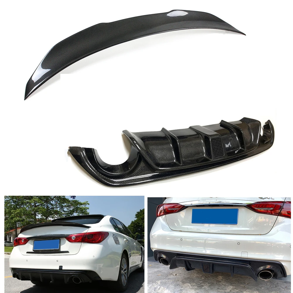 

For Infiniti Q50 2014-2017 Carbon Fiber Rear Bumper Diffuser Lip W/ LED Light+Trunk Lid Spoiler Wing Decklid Flap Trim Splitter