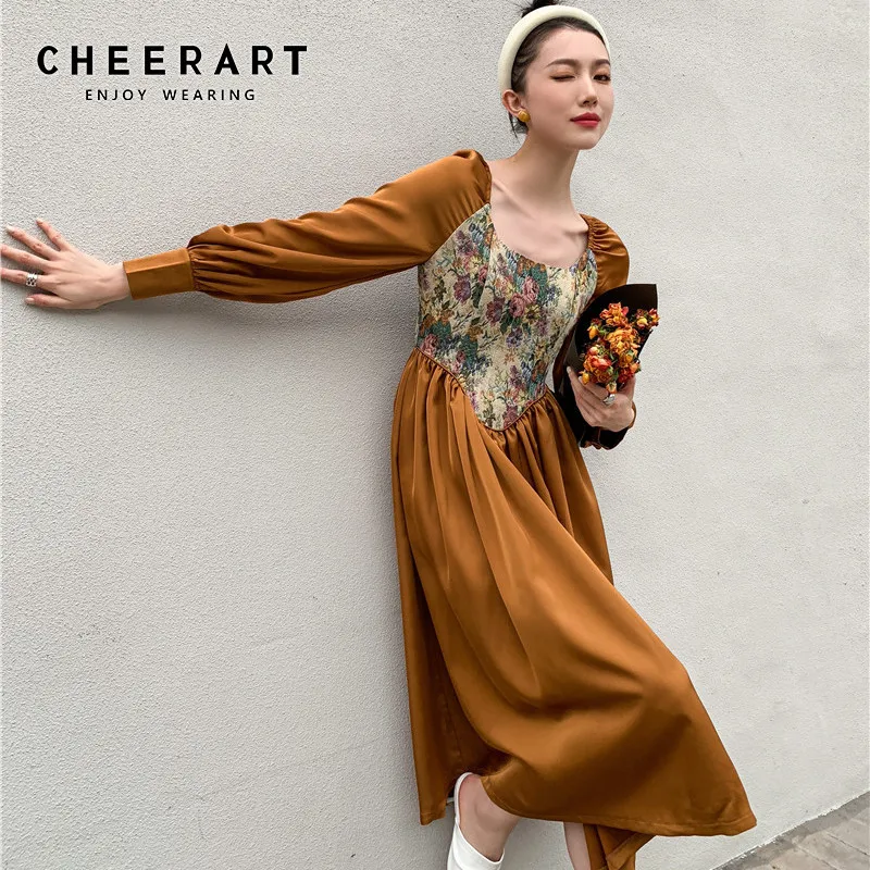 CHEERART Vintage Jacquard Long Sleeve Tunic Dress Women Autumn A Line Square Neck Floral Midi Ladies Gold | Женская одежда