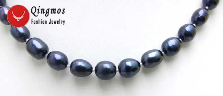 Qingmnos Natural Black Pearl Necklaces for Women with 7-8mm Rice Freshwater 17&quot Chokers Jewelry Collares Femme n5591 | Украшения и