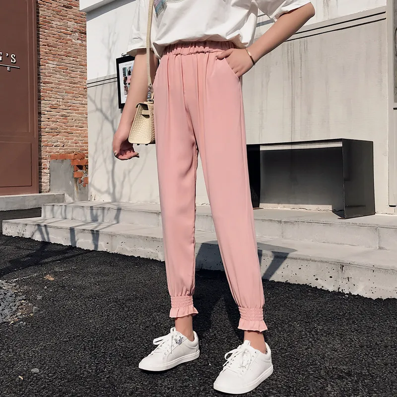 

Commuting travel pants women's spring and summer versatile beach Harem Pants White Collar thin nine point High Waist Chiffon rad