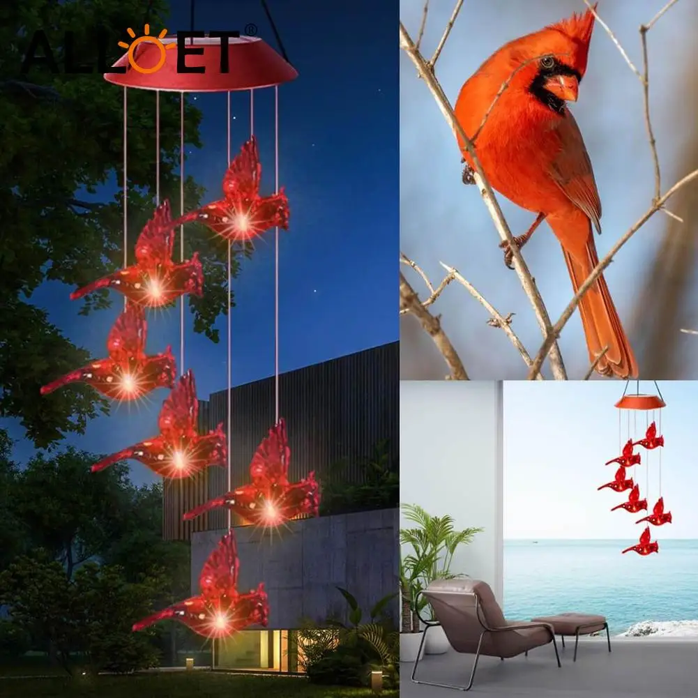 

Color Changing Solar Power Wind Chime Lamps Colorful Red Bird Windbell Aluminium Pendant Light Waterproof Outdoor Hanging Decora