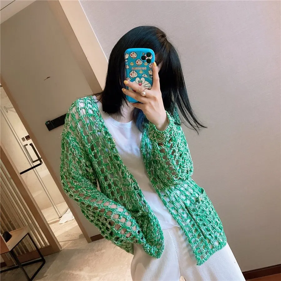 

Juce Snow 2021 New Green Hollow Hand-Woven Round Neck Ladies Jacket Summer Knitted Long Sleeve Cardigan Lange Groene Jas Dames