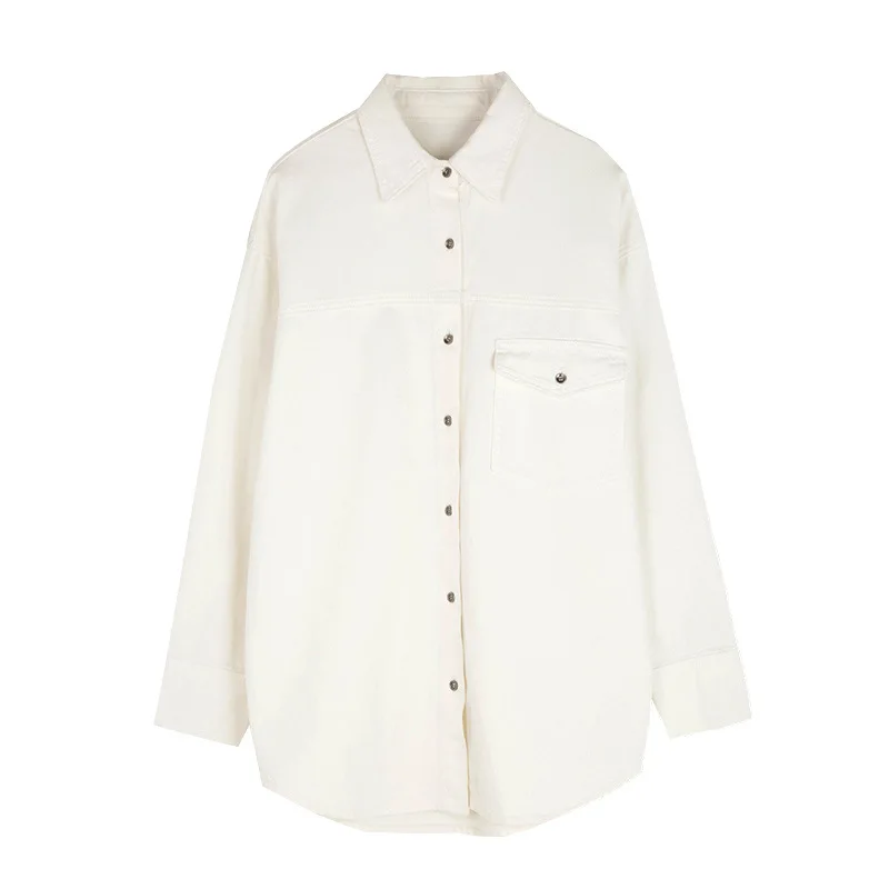 

Women Denim Blouse Vintage White Shirts Korean Boyfriend Style Fashion Oversized Long Sleeve Casual Clothes Top New Spring 2021
