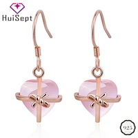 huisept trendy 925 silver earring heart shape rose quartz gemstones drop earrings for female wedding party gift jewelry ornament