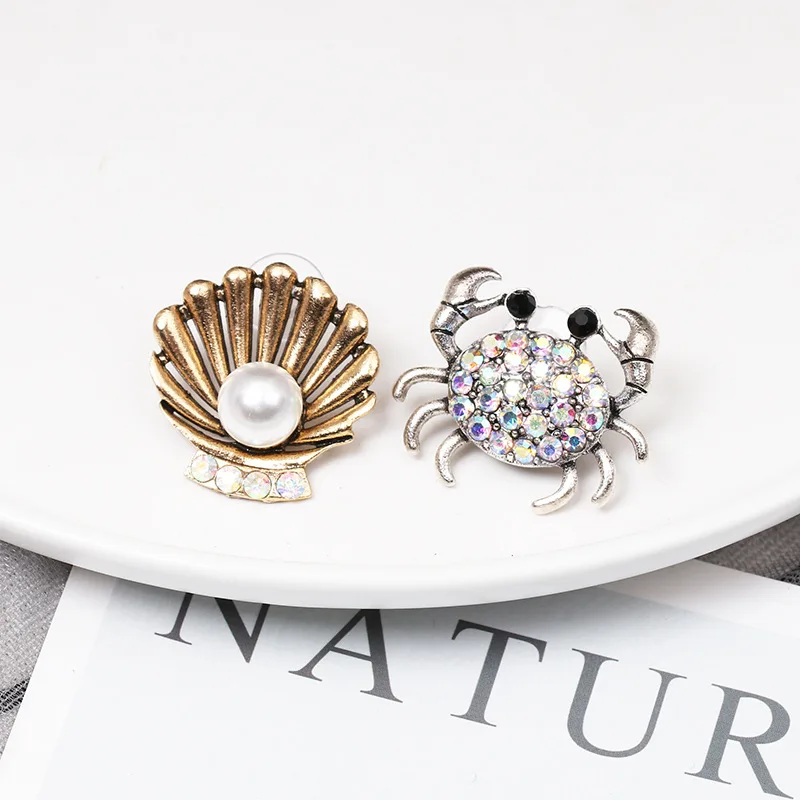 2019 Vintage Cute Ocean Small Stud Earrings Alloy Pearl Shell Starfish Crab Fish Asymmetric for Women Fashion Jewelry | Украшения и
