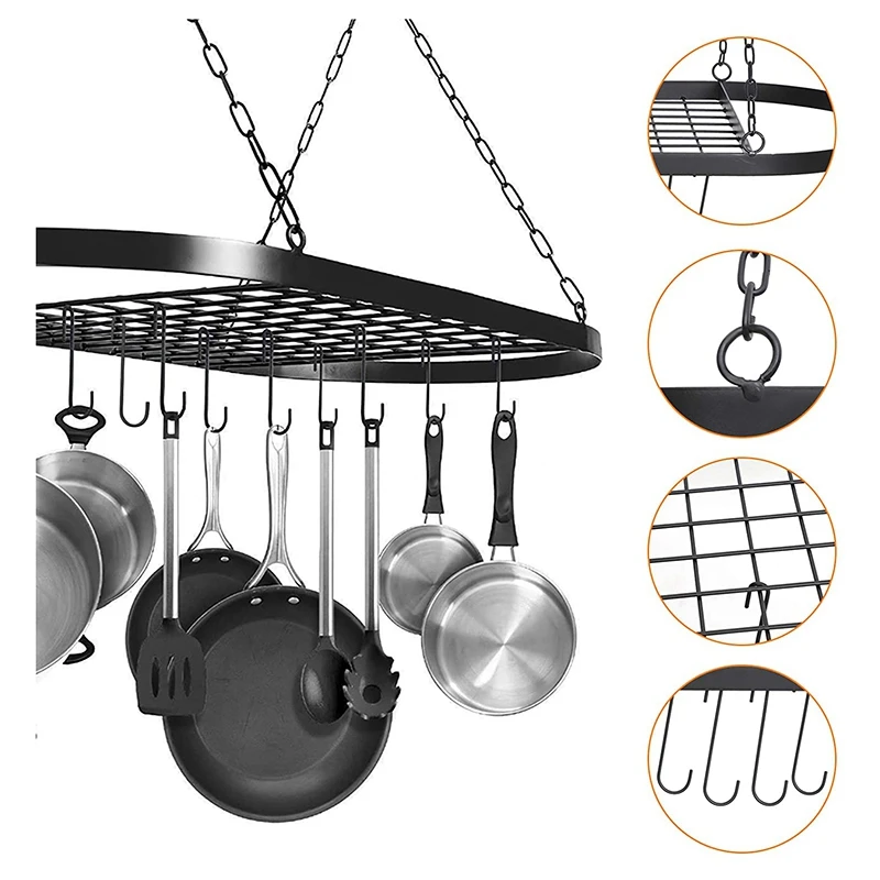 

Hanging Pot Pan Rack for Ceiling, Ceiling Mounted Cookware Hanger Organizer with 10 Hooks for Home Kitchen Household
