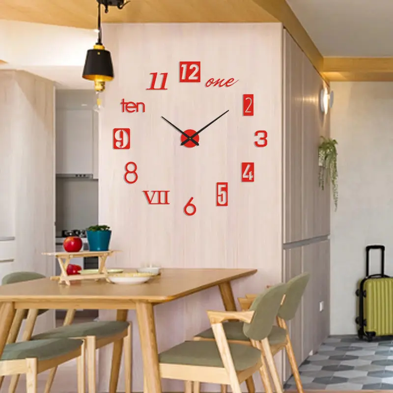

3D DIY Acrylic Mirror Quartz Needle Wall Clock Self Adhesive Sticker Modern Design Home Digital Wandklok Hanging