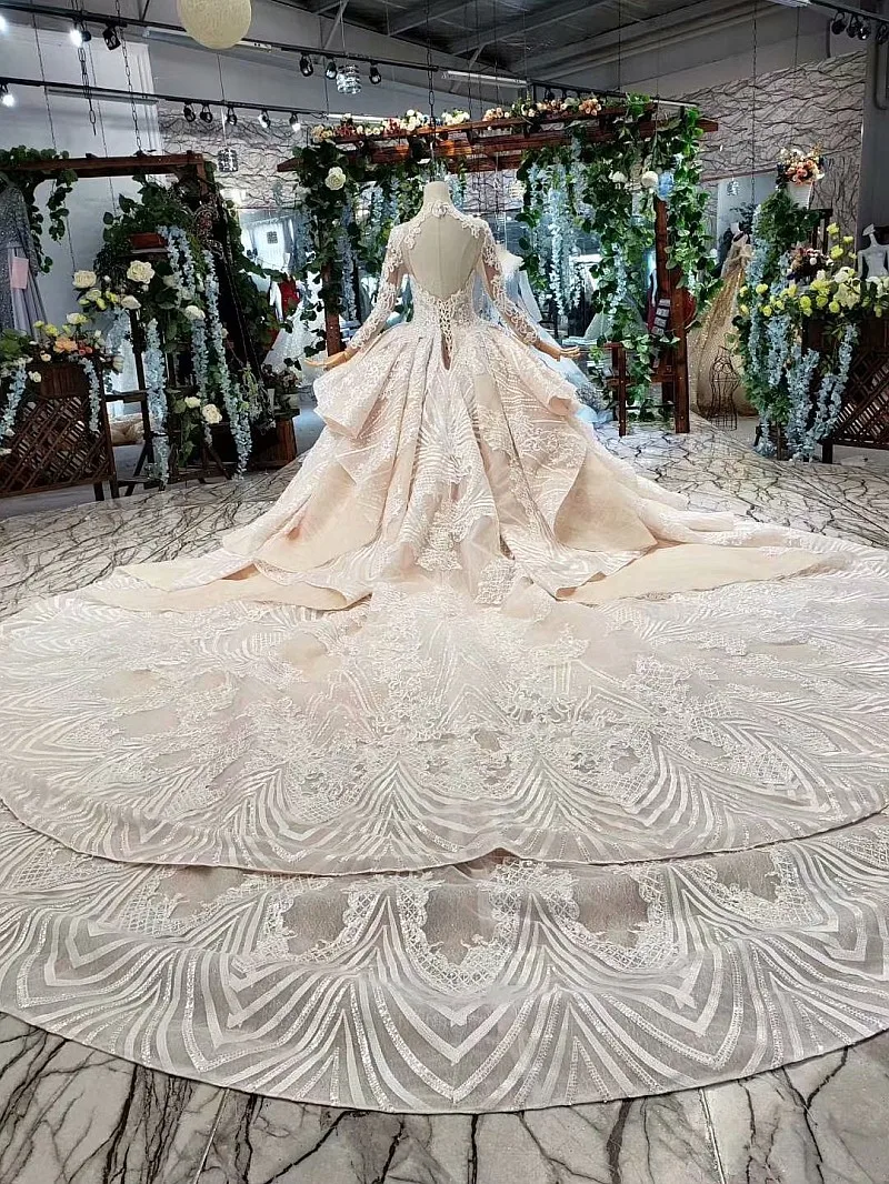 BacklakeGirls 2020 New Deep V Neck Organza Ball Gown Appliqued Beaded Sequins Muslim Wedding Dresses Long Sleeve Hollow Out Back |