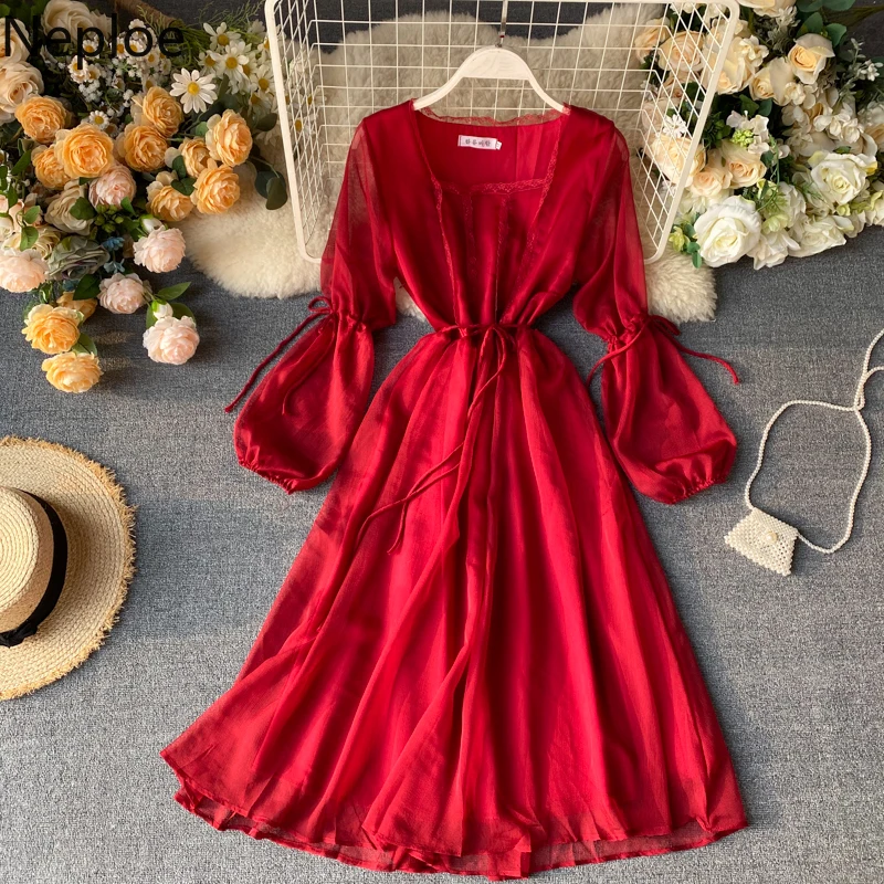 Женское кружевное платье с квадратным воротником Neploe элегантное до середины