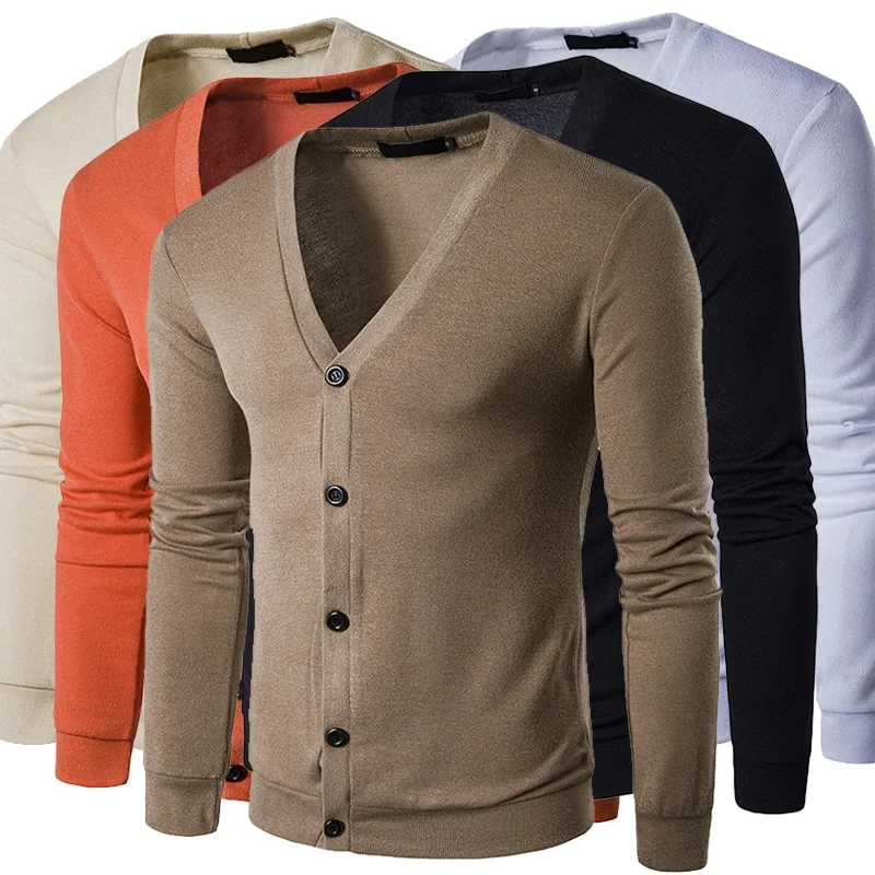 

Men's V-neck Knitted Sweater Solid Color Long Sleeve Button Sweater Cardigan Sweater