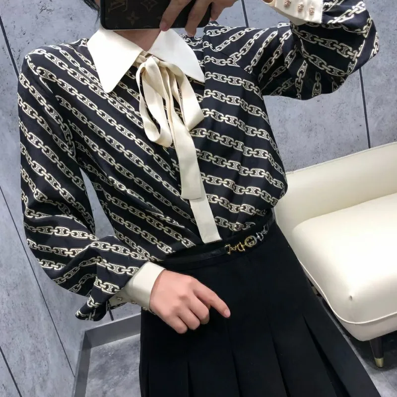 

2021 Spring Retro Chain Print Bow Turn Down Collar Shirt Casual Long Sleeve Office OL Blouse Women