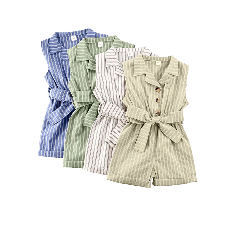 Женский Летний комбинезон в полоску без рукавов с отложным воротником на