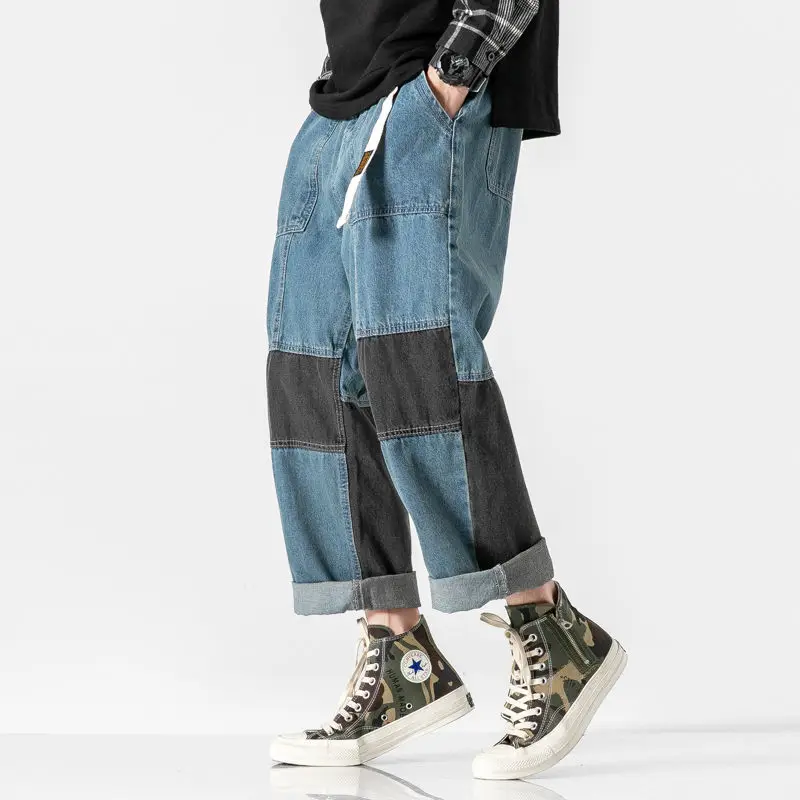

IEFB Men's Causal Vintage Cotrast Color Patchwork Denim Workwear Pants Wash Stitching Loose Wide Leg Jeans With Belt 2021 9Y6064