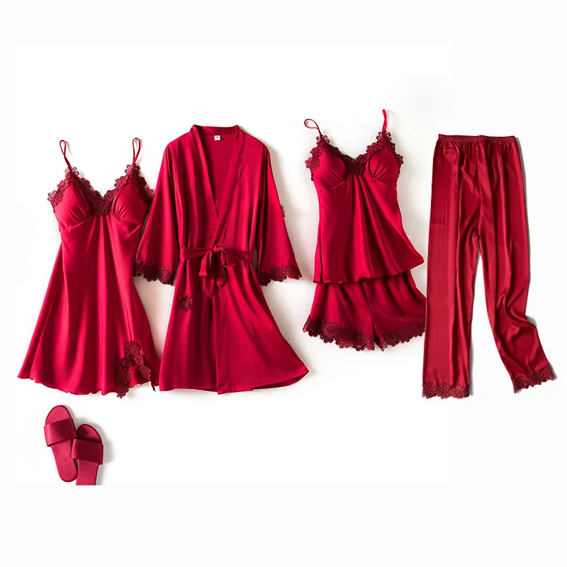 

Burgundy Lace Flower 5PCS Robe Gown Set Sexy Backless Spaghetti Strap & Pant Nightgown Lady Rayon Lounge Sleep Dress M-2XL