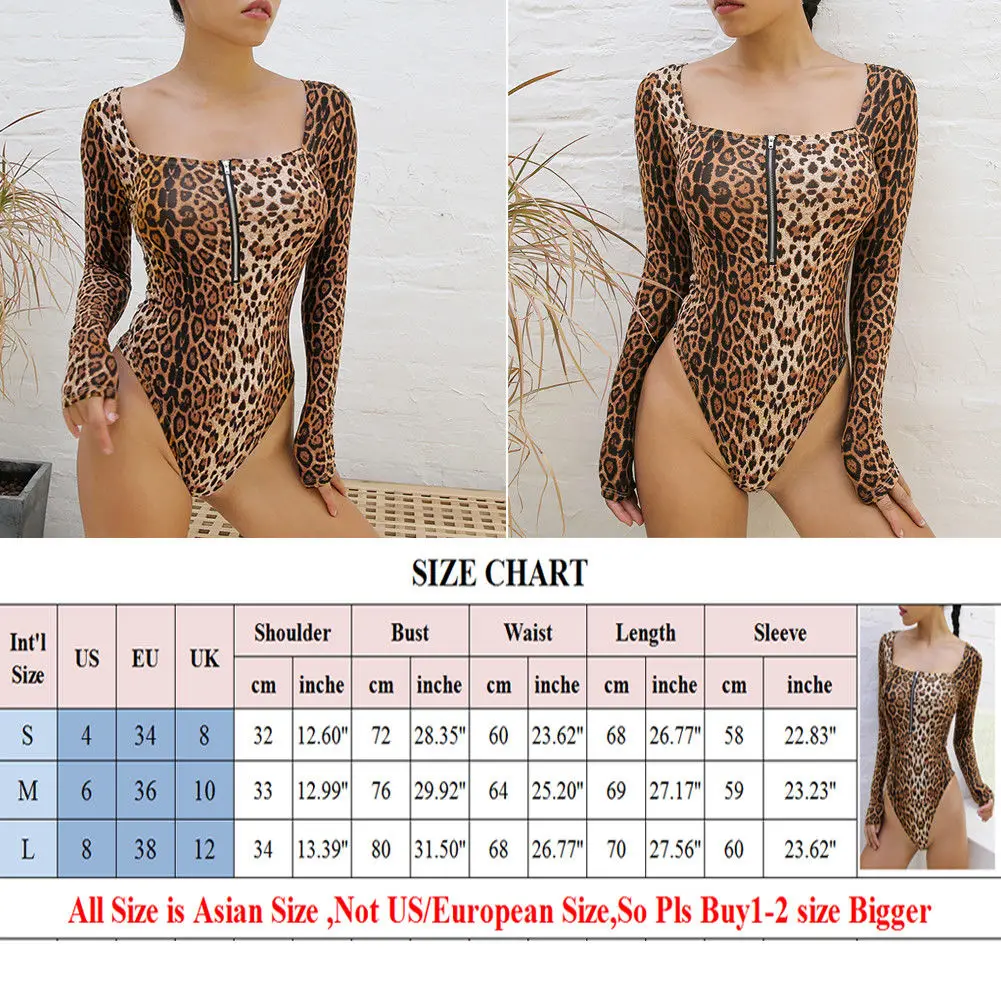 

Leopard Skinny Women Bodysuit With Zipper New Fashion Bodysuit Half Turtleneck Long Sleeve Jumpsuit Female