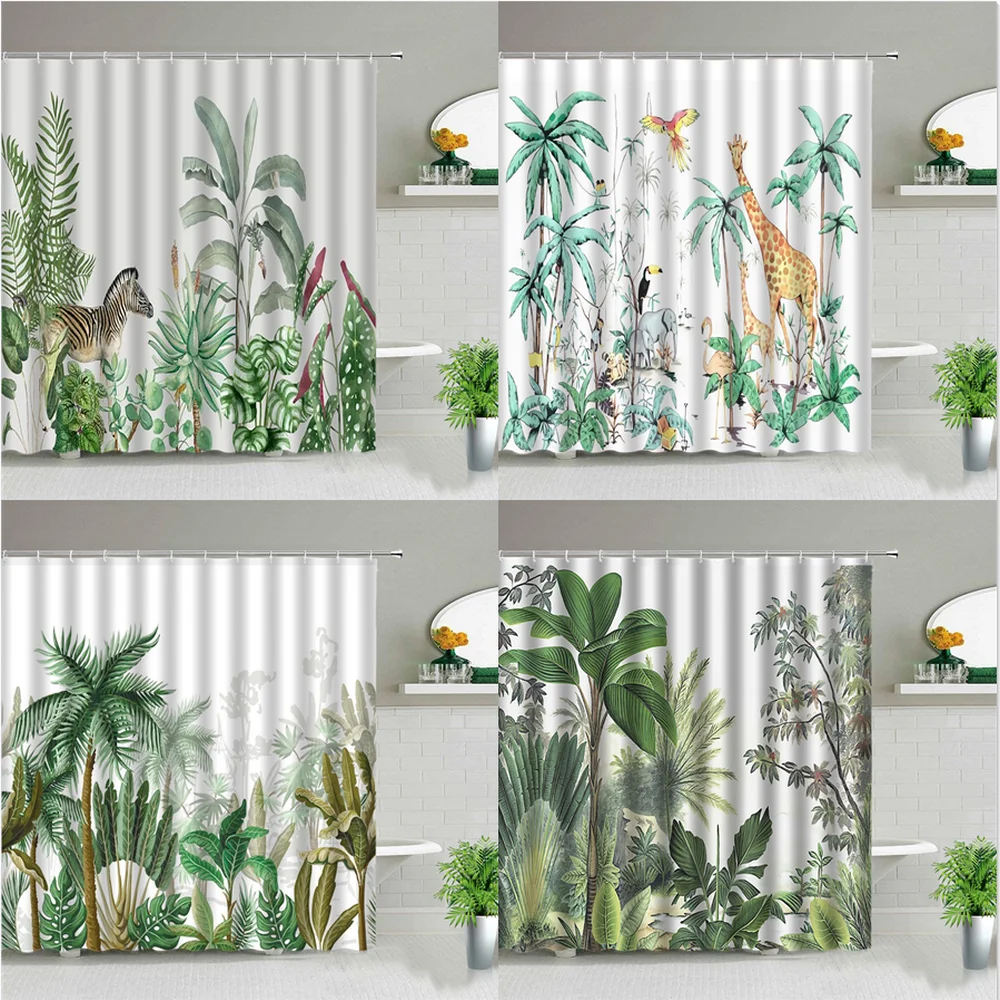 

Palm Tree Scenery Shower Curtains Tropical Plant Africa Animal Elephant Giraffe Lion Zebra Printed Bathroom Decor Bath Curtain