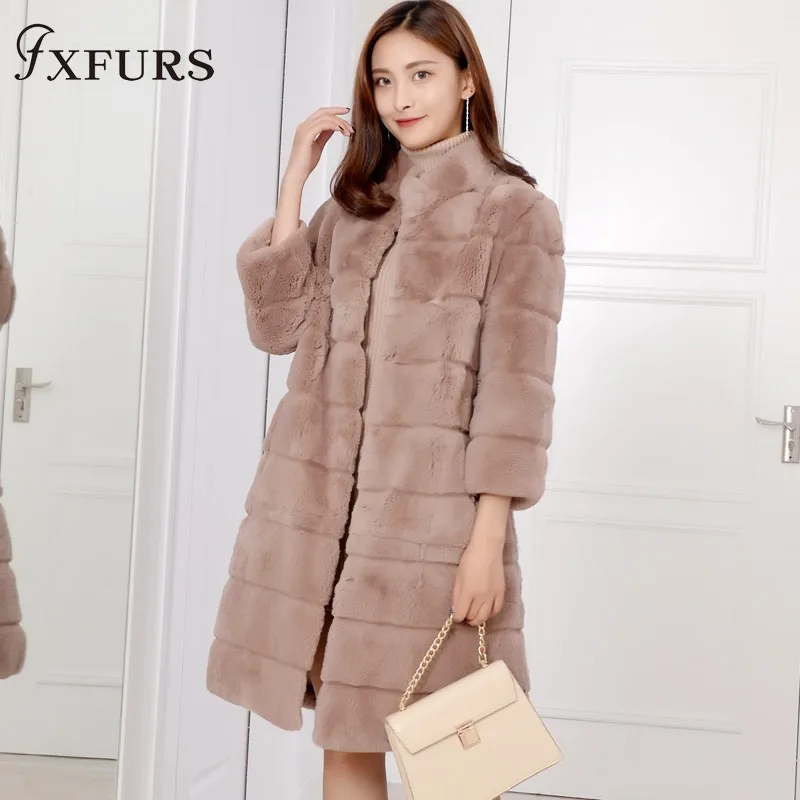 2020Fxfurs new Real Fur Coat Winter Jacket Women Natural Rex Rabbit Fur Thick Warm Stand Collar Three Quarter Sleeve Streetwear