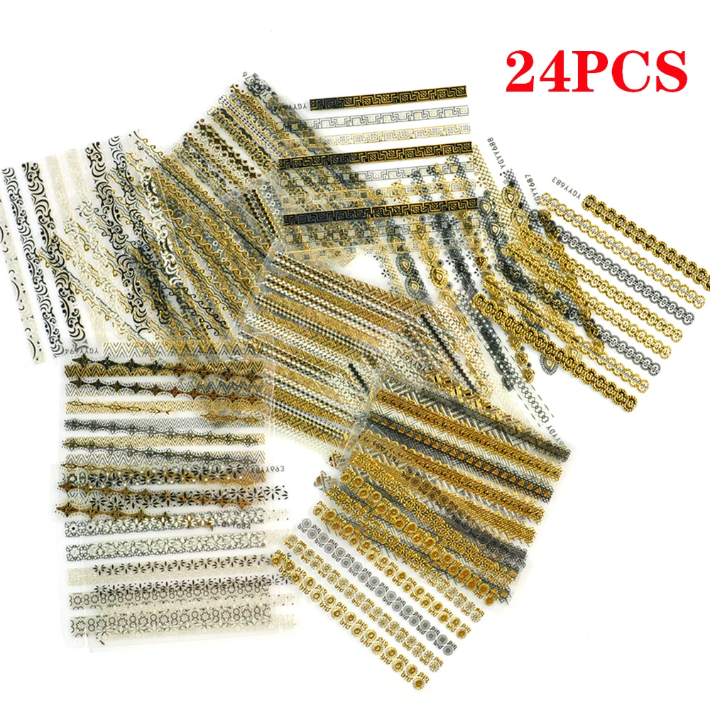 

New Nail Art Decorations Stickers 3D Three-dimensional Nail Polish Decals Bronzing Gold/Black Stripes Lace Pattern 24Pcs/Set