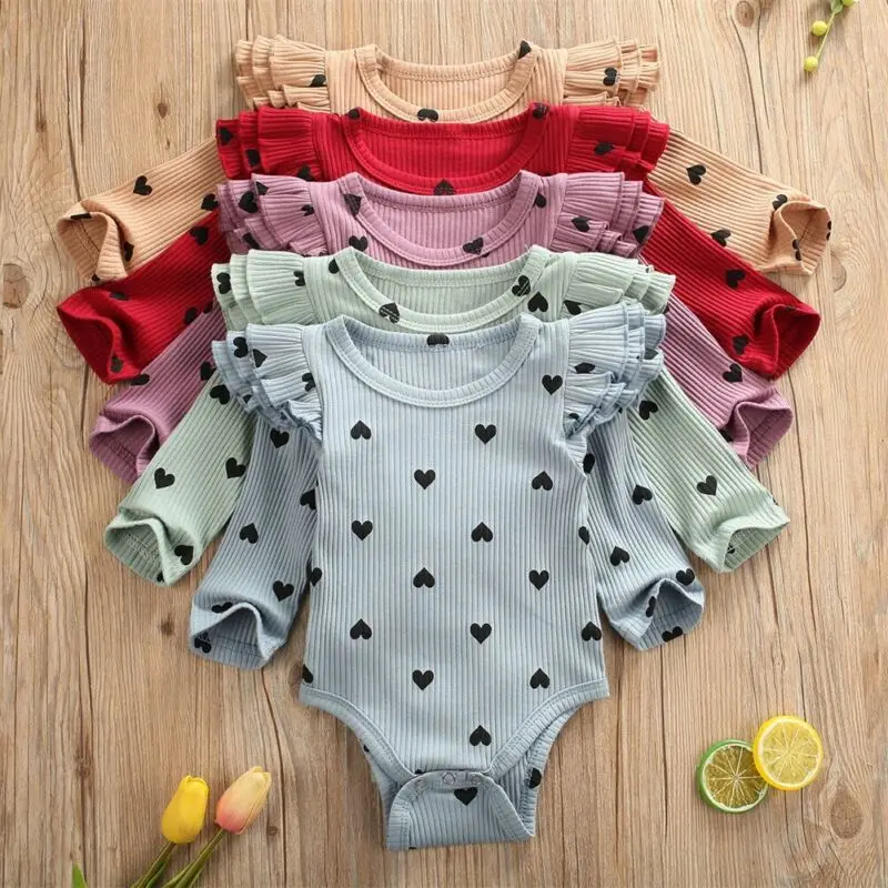 2020 Baby Spring Autumn Clothing Infant Newborn Bay Girls Fly Long Sleeve Hearts Print Bodysuits Ribbed jumpsuits Casual Costume |