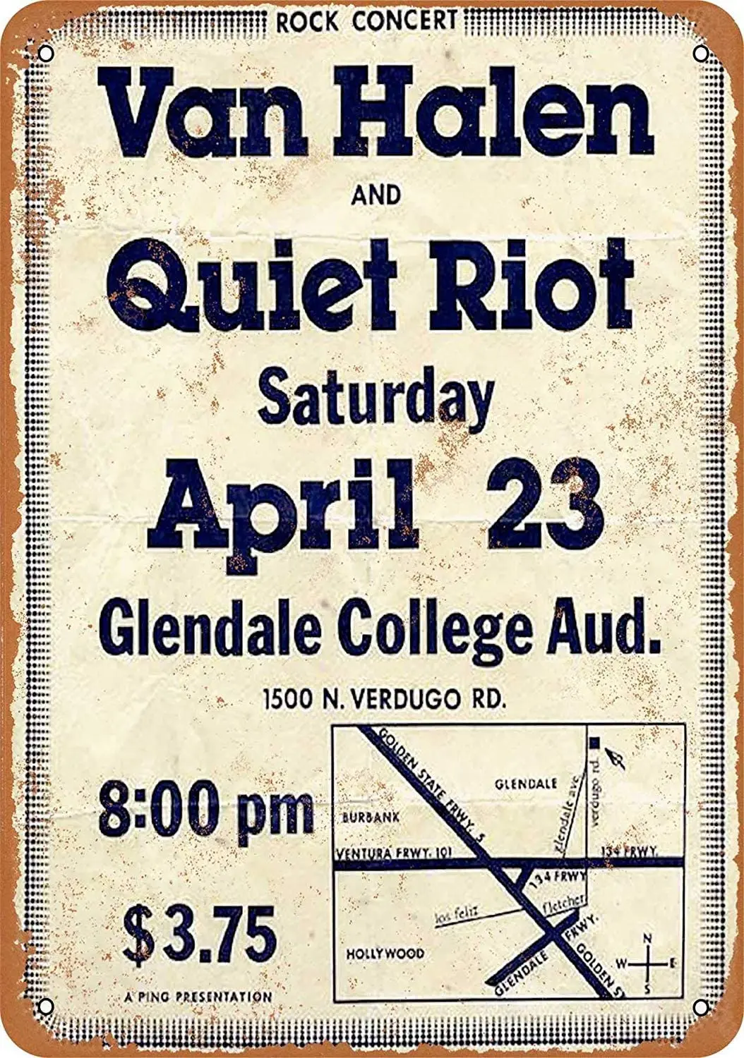 

Boloi Van Halen and Quiet Riot at Glendale Metal Plaque Tin Wall Sign Retro Iron Painting Warning Wall Poster for Cafe Pub Bar
