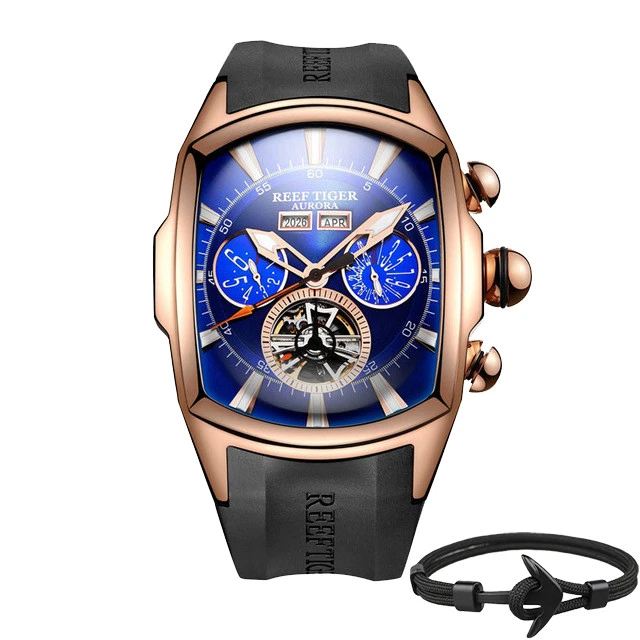 Топ бренд Reef Tiger Reloj Hombre Роскошные Tourbillon циферблат автоматические часы с резиновым ремешком механические водонепроницаемые мужские часы даты Relogio Masculino+ подарок - Цвет: RGA3069-PLB Box Gift