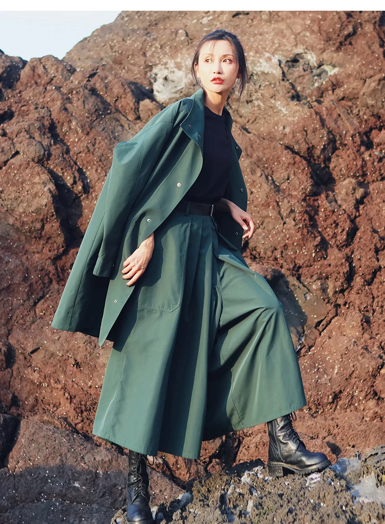 Cakucool армейская Зеленая рабочая одежда ветровка Женская длинная секция колено порт ветер BF карман свободная прямая куртка Ранняя осень