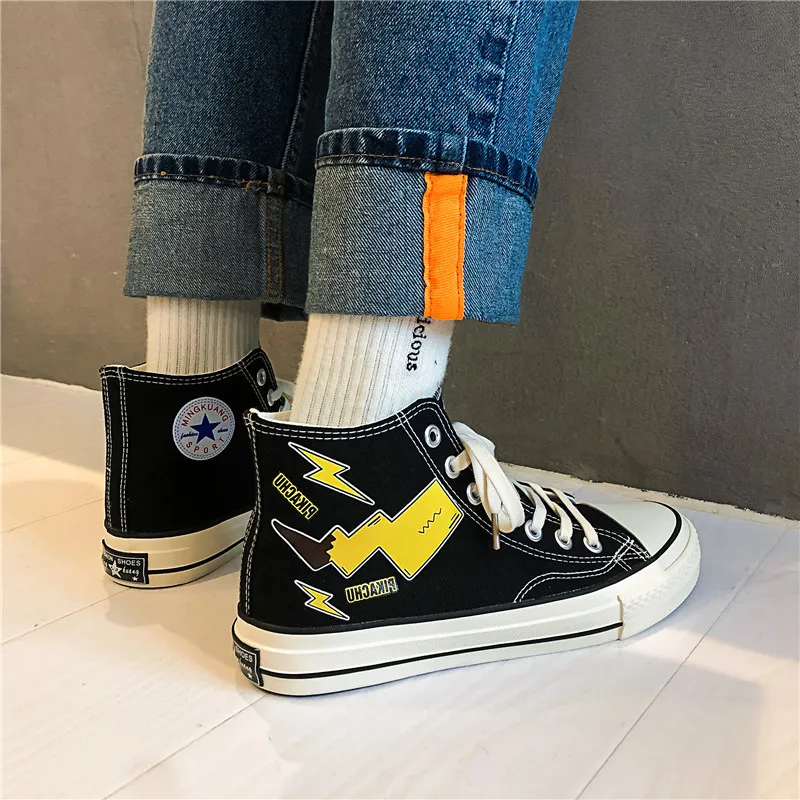 Кеды Pikachu мужские с молнией модные высокие кроссовки мультяшный рисунок черные |