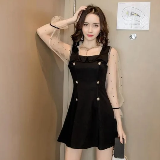 Французское романтичное платье Черное мини-платье с узором в горошек