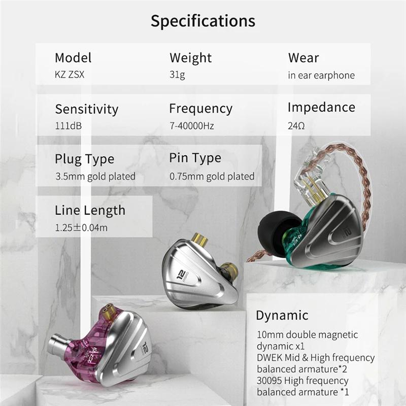 KZ ZSX Terminator Metal Headset 5BA+1DD Hybrid-iron Mixing 12 Drivers HIFI Bass Earbuds Wired Music Sports In Ear Earphones