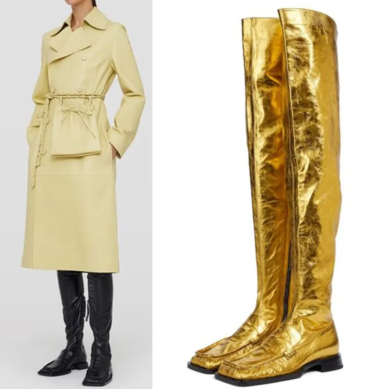 

Fashion New High Knee Square Head Women Boots, Slimming, Color is Mainly Yellow Gold, Pure Black, Color Can Be Customized