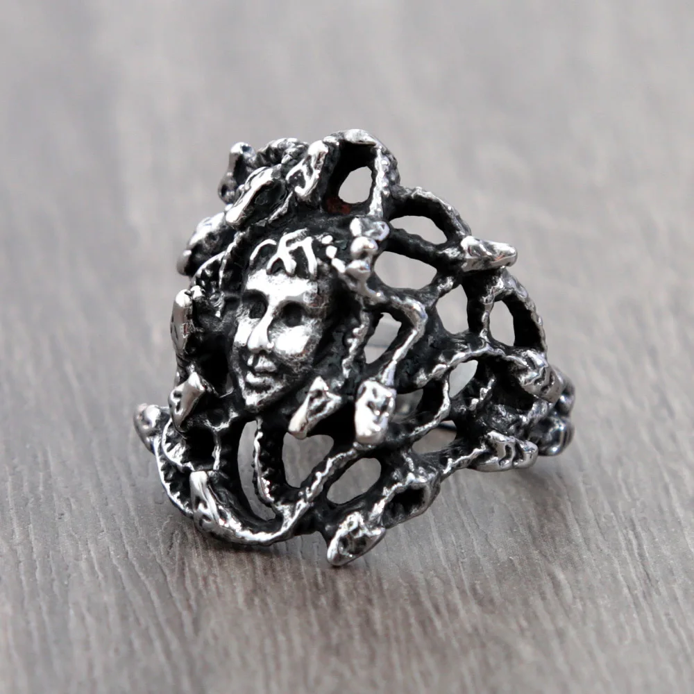 Кольцо из волос с ужасными веномозными змеями и Горгоной Черная Нержавеющая