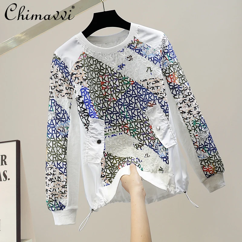 

Fashion Color Printed Hollow Letters Lace Stitching Sweatshirt 2021 Fall Fashion Drawstring Ankle Banded Long Sleeve Casual Top