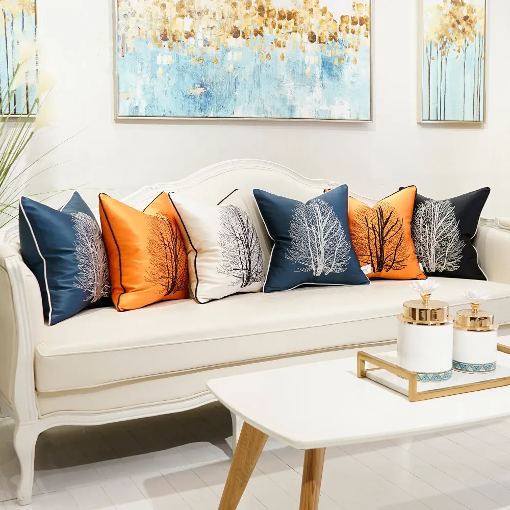 

Embroidery Cushion Covers Trees Pattern Home Decorative Pillow Cases Blue Orange Black Throw Pillows 45 X 45 50 X 50cm