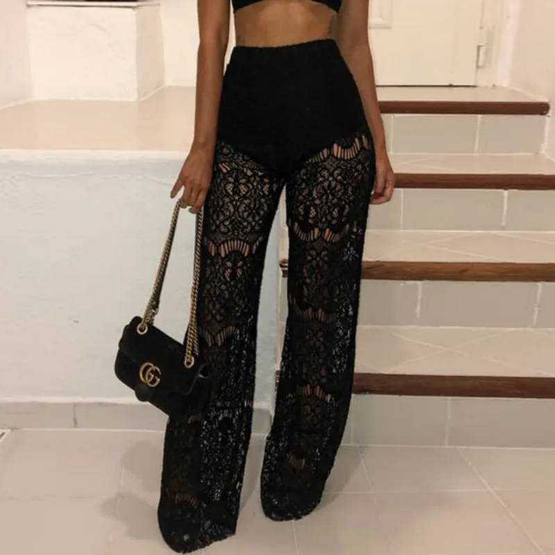 Кружевные сексуальные женские брюки с широкими штанинами Женские однотонные